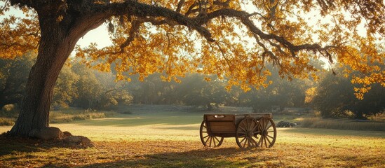 Obraz premium Rustic wooden wagon under autumn tree.