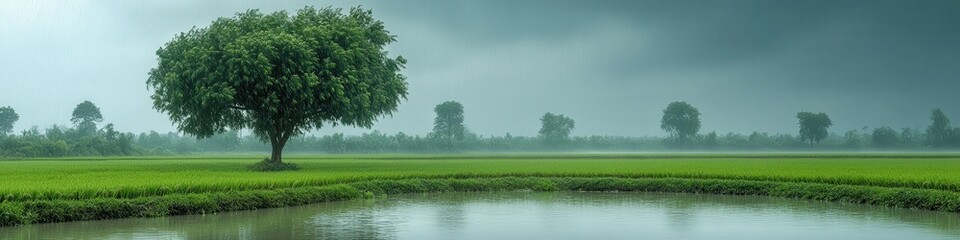 Obraz premium Serene Landscape with Lush Green Fields, Solitary Tree, and Reflective Pond Under a Cloudy Sky Capturing the Tranquility of Nature's Beauty and Rural Calmness