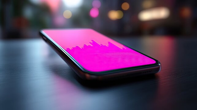 A smartphone displays a vibrant pink stock market graph. Perfect for a finance app or investment platform showcasing real-time market data and trends.