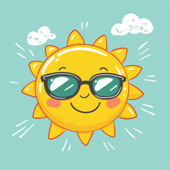 Vintage sun with sunglasses and smiling face.