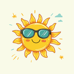 Vintage sun with sunglasses and smiling face.