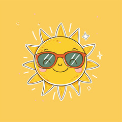 Vintage sun with sunglasses and smiling face.