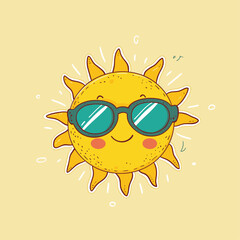 Vintage sun with sunglasses and smiling face.