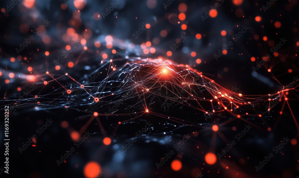 Poster abstract digital network visualization with glowing nodes and connections, representing data flow an