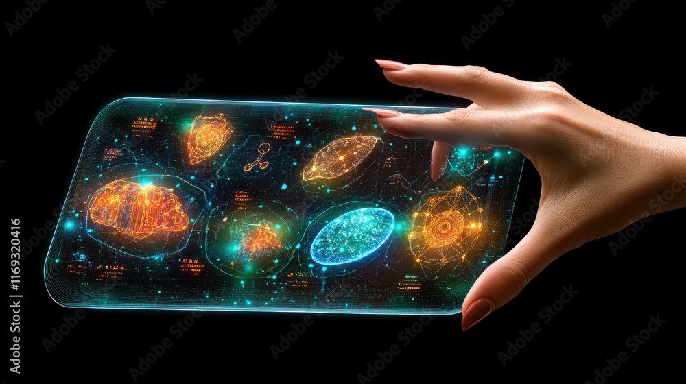 Poster a hand interacts with a futuristic transparent display featuring holographic biological data visuali