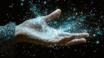 A hand holds sparkling stardust against a backdrop of a starry night. Ideal for fantasy, magic, or spiritual themes.