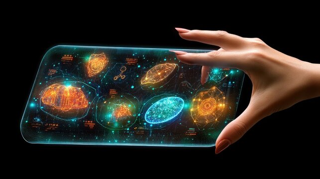 A hand interacts with a futuristic transparent display featuring holographic biological data visualizations. Applications include medical research and diagnostics.
