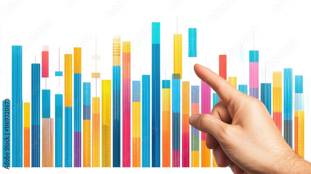 Poster a hand interacts with a vibrant bar graph visualizing data analysis trends. ideal for presentations 