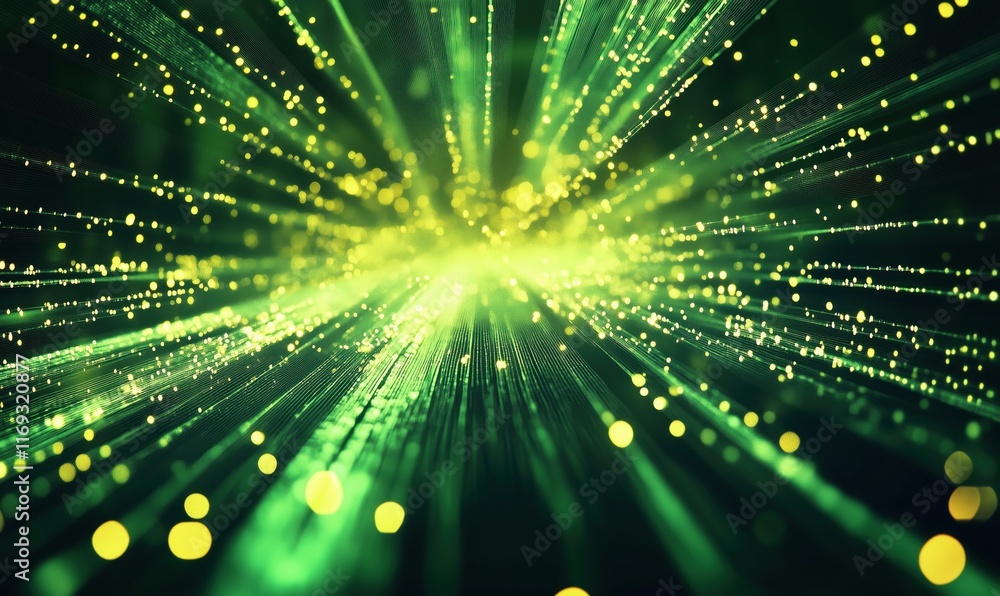 Poster green light rays and particles creating dynamic abstract background, showcasing vibrant energy and m