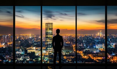 Fototapeta premium City skyline at sunset viewed from high-rise building, silhouette of man in formal attire, vibrant urban landscape, glowing lights, panoramic view