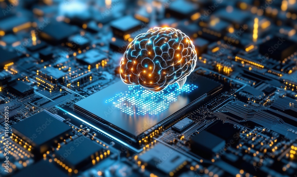 Poster artificial intelligence brain model on circuit board, symbolizing technology and innovation in compu