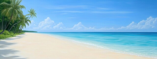 Naklejka premium A secluded tropical beach with white sand, turquoise water, swaying palm trees
