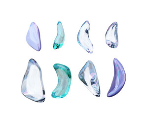 Set of  holographic figures, glass gradient 3d organic shapes, isolated on transparent background. Liquid abstract transparent 3d rendering objects. Abstract iridescent modern design elements