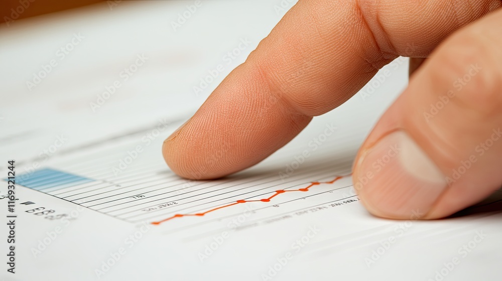 Poster a finger points to an upward-trending line graph printed on paper. this image symbolizes financial g