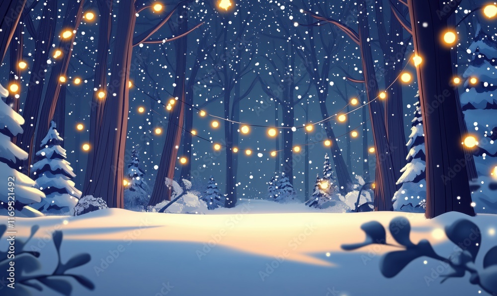 Poster enchanting winter forest scene illuminated by glowing string lights, snow-covered trees, and gentle 