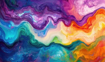 Colorful abstract waves of vibrant hues creating a mesmerizing fluid art composition with swirls of purple, blue, orange, and yellow