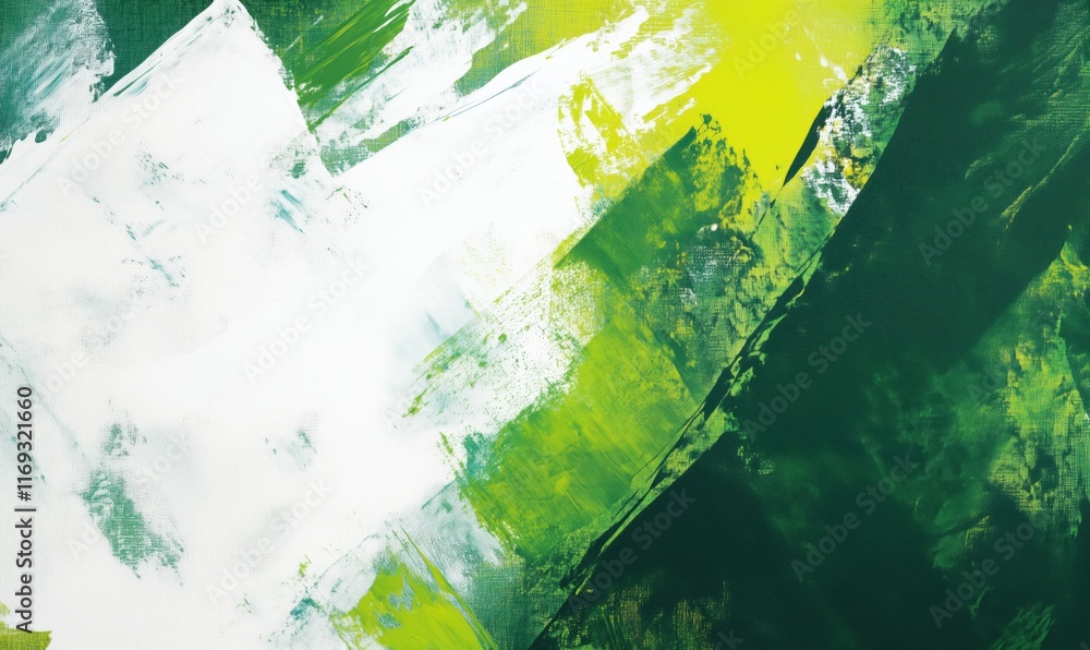 Poster abstract green and white brush strokes creating dynamic texture and depth in modern art piece