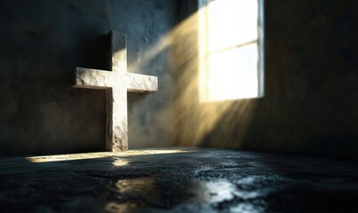 Stone cross illuminated by sunlight in a dimly lit room, creating a serene and spiritual atmosphere