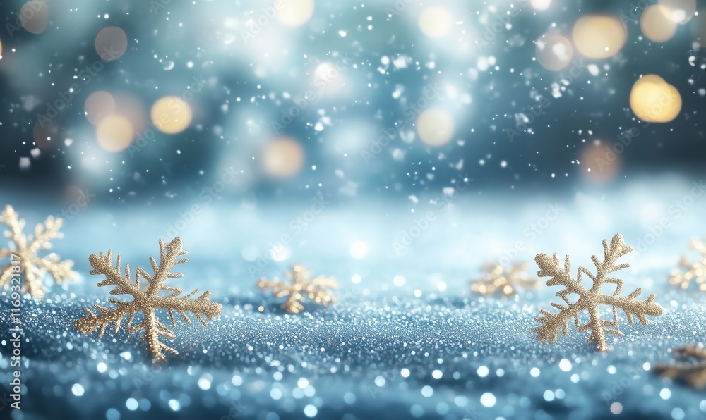 Poster snowflakes sparkling on winter landscape with bokeh lights and soft snowfall, creating a magical hol