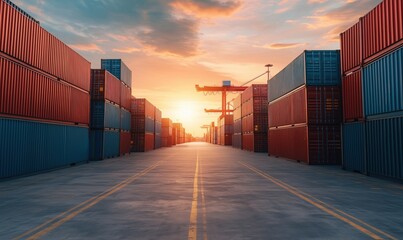 Shipping containers lined up at port during sunset, vibrant colors illuminating the scene, industrial landscape with cranes in background