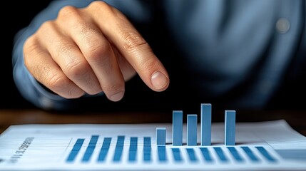 A hand points to a rising bar graph indicating business growth and positive financial results. Perfect for visualizing financial reports investment strategies and market analysis.