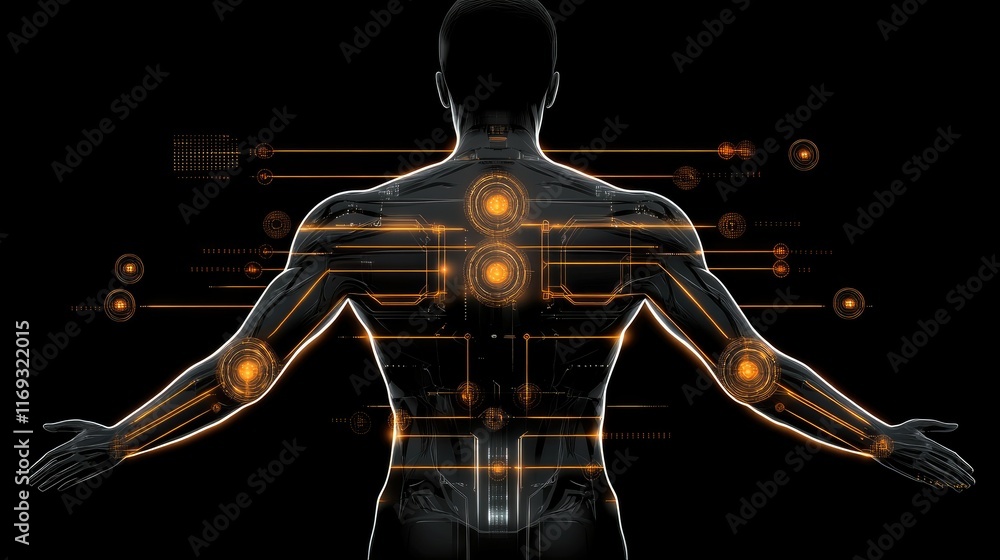 Poster an elegant ai robot in profile features glowing data streams and circuit patterns amidst digital sym