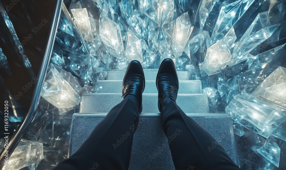 Poster elegant black shoes on staircase surrounded by sparkling crystal-like structures, creating a mesmeri