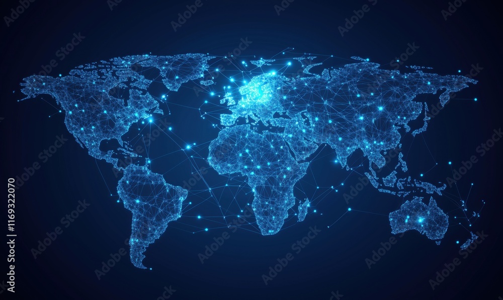 Poster global network connectivity visualization with digital nodes and lines representing data flow across