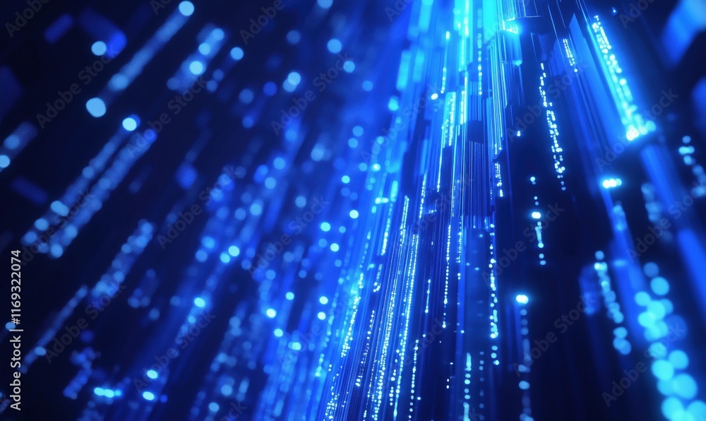 Poster abstract blue digital data streams with glowing particles and lines creating a futuristic technology