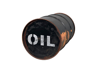 Barrel of oil. Rusty dangerous barrel with fuel or crude oil on isolated background