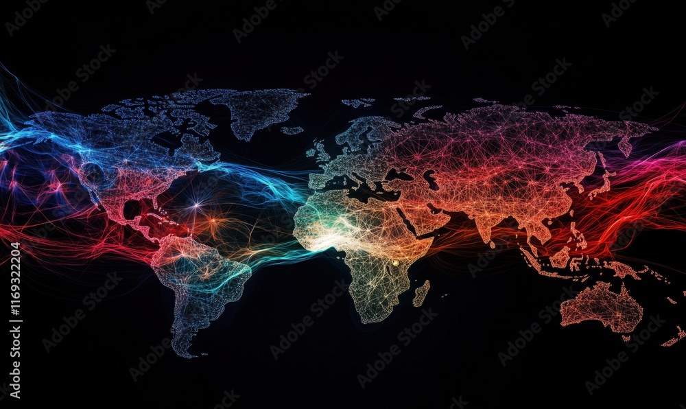 Poster global network visualization with colorful light trails representing connectivity across continents
