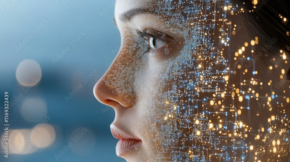 Poster an elegant ai robot in profile features glowing data streams and circuit patterns amidst digital sym