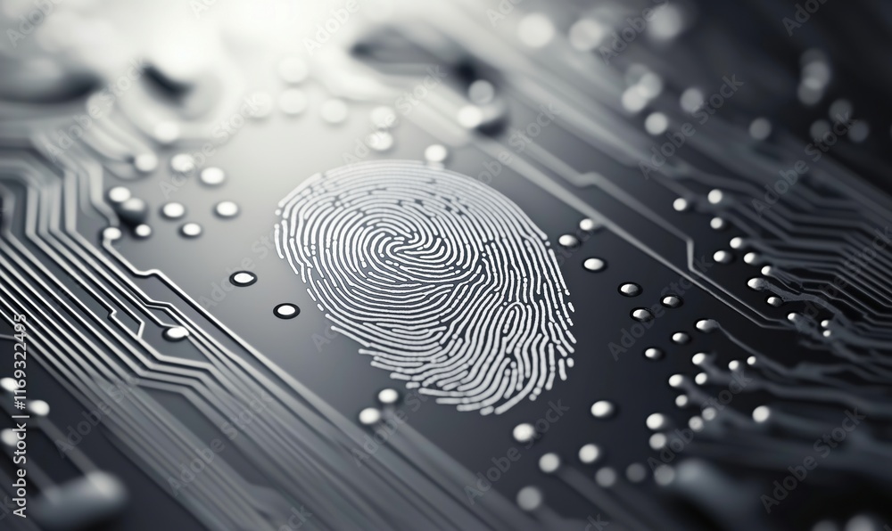 Poster fingerprint embedded in circuit board design, symbolizing technology and security integration, showc