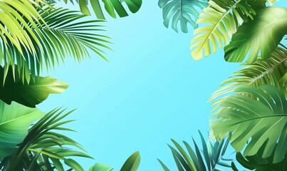 Tropical foliage frame with vibrant green leaves against a bright blue background, perfect for summer themes and nature designs