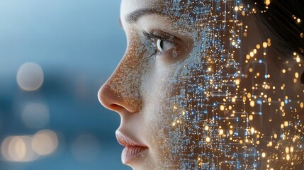 An elegant AI robot in profile features glowing data streams and circuit patterns amidst digital symbols of intelligence