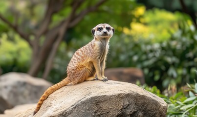 Fototapeta premium Meerkat perched on rock in lush greenery, showcasing alert posture and distinctive markings, surrounded by vibrant foliage