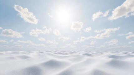 Fototapeta premium Bright Blue Sky Over Smooth White Snowy Landscape with Puffs of Clouds