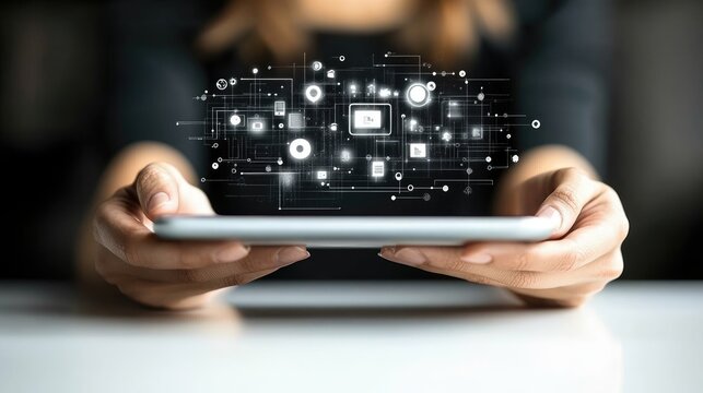 A person holds a tablet displaying interconnected digital icons representing diverse data and applications. Ideal for showcasing data integration or app ecosystem concepts.