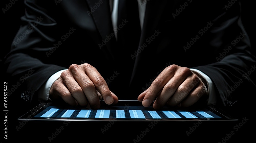 Poster a businessman interacts with a tablet displaying financial data. ideal for financial analysis apps i