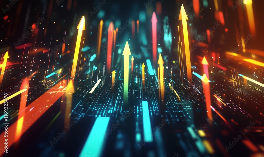 Poster dynamic upward arrows representing growth, progress, and innovation in a digital landscape with vibr