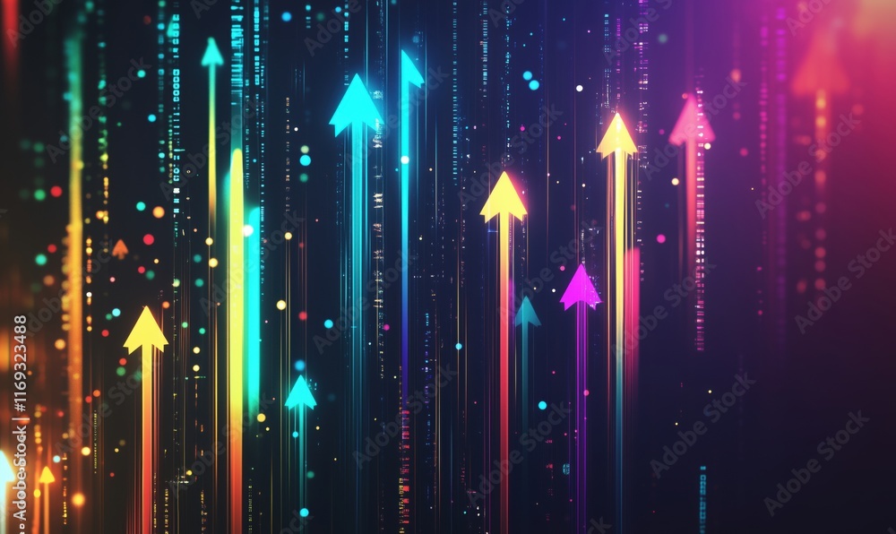 Poster colorful upward arrows representing growth and progress in a digital landscape with vibrant lights a