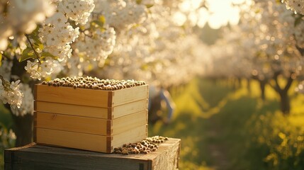  Blossoming orchard with wooden beehive box covered with bees, glowing in warm sunset light. Soft focus on distant farmer working between rows of blooming fruit trees, creating a peaceful rural scene.