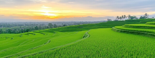 Obraz premium Expansive green rice terraces on a hillside, with a warm golden sunset in the background and a peaceful rural atmosphere 