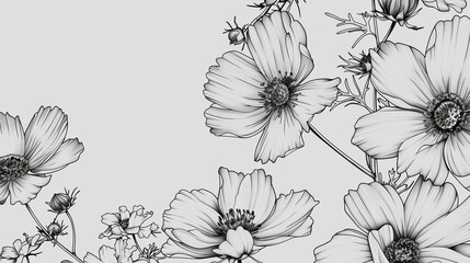 Black and white floral design featuring delicate blooms and intricate details on light background