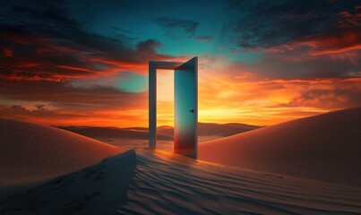 Mysterious Door in Desert Landscape at Sunset, Surreal Scene with Vibrant Colors and Dramatic Sky