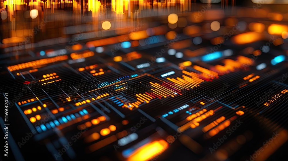 Poster futuristic digital interface with glowing orange and blue lights. ideal for technology backgrounds o