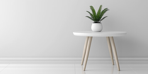 Modern minimalist design with a round table and potted plant in a bright indoor space