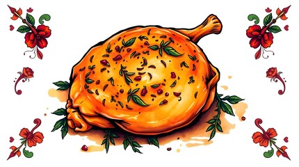 Baked chicken thighs. Whimsical Cartoon-Style Roasted Chicken Thigh with Decorative Floral Border
