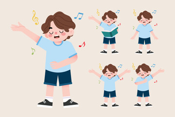 Adorable Boy Singing Multiple Poses Cartoon Illustration Music Notes
