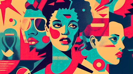 Colorful abstract portrait featuring three diverse women displaying unique styles and expressions in a vibrant artistic design